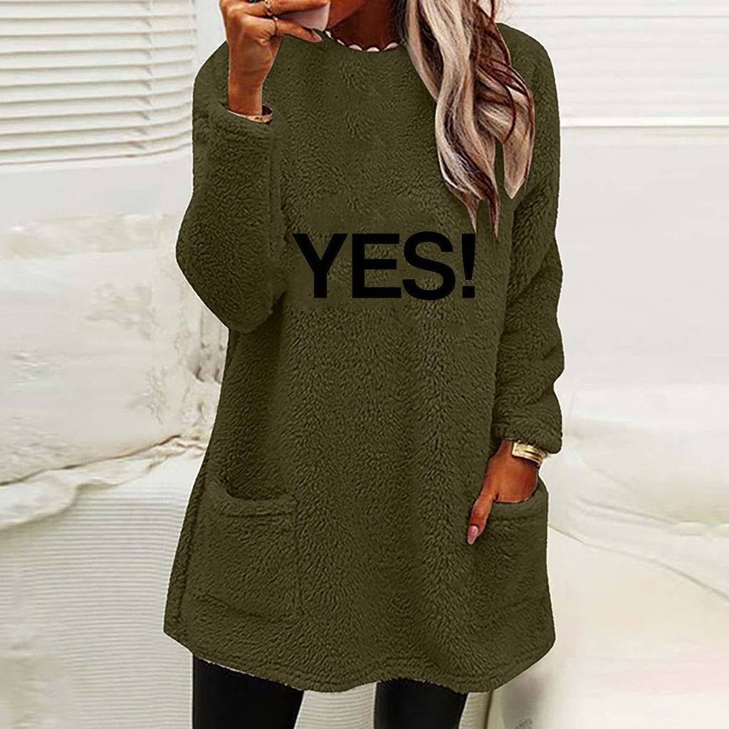 Women's Letter Print Round Neck Loose Long Sleeve Pocket Plush Hoodie - Autumn/Winter Collection