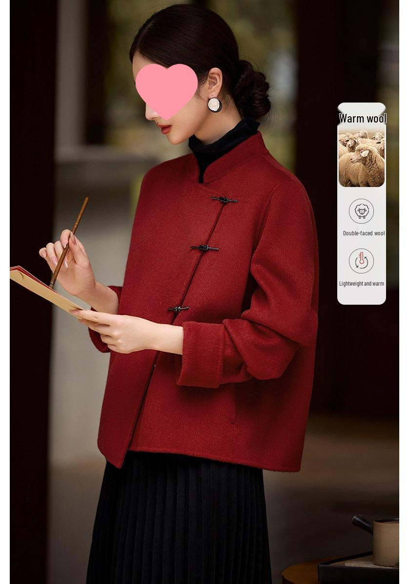 

Women s Red Double-Faced Wool Coat: Chinese-Style Wedding & Banquet Wear for Autumn/Winter L for 115-125 jin