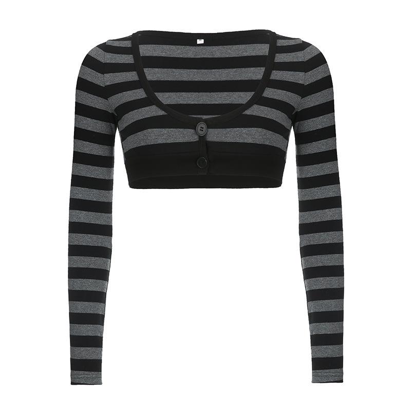 

American Spicy Girl Street Style Two-Button Low-Neck Long-Sleeve Color Block Top for Women - Jiyu Autumn/Winter Fashion Versatile T-shirt Small серый
