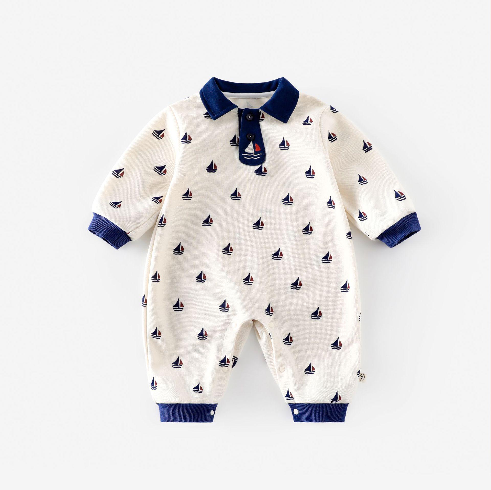 

New Autumn 2025 Sailboat Striped Baby Boy Romper - Trendy Newborn Jumpsuit with Full Print Design 66 cm