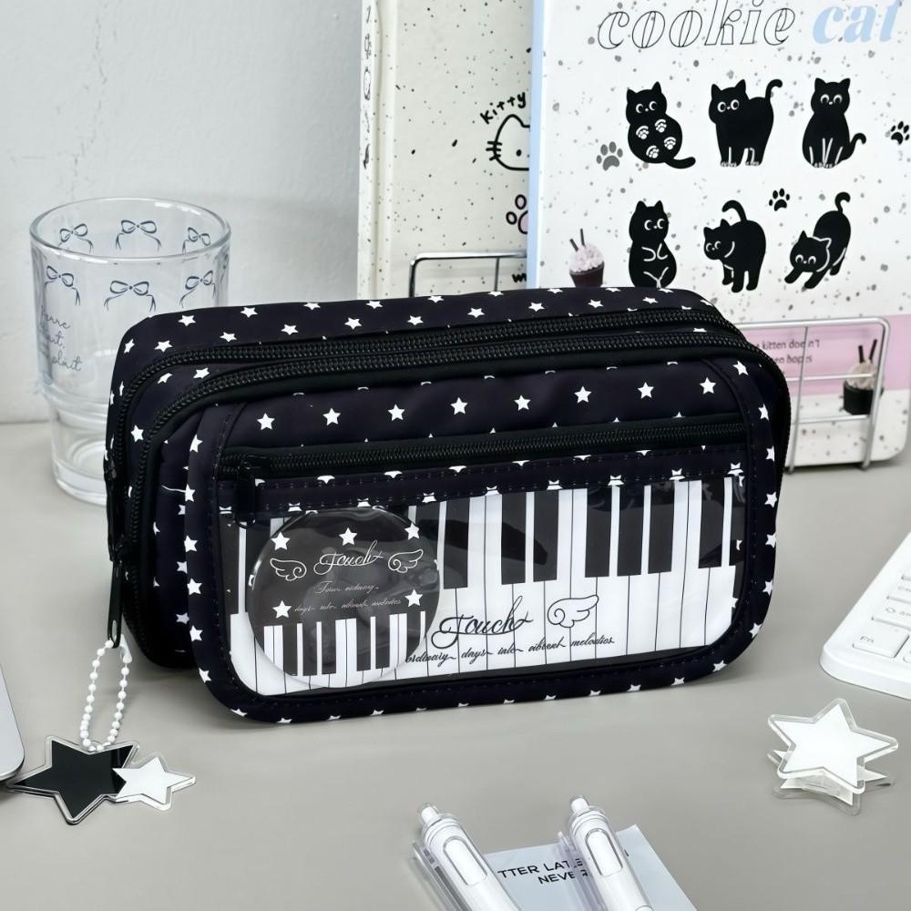 Star Piano Keyboard Print Pen Bag Multi-Layer Stationery Pouch Pencil Pouch School Supplies