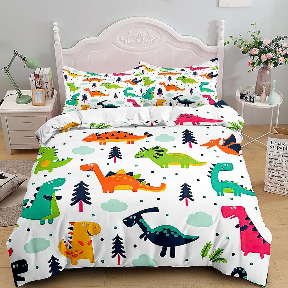 Cartoon Dinosaur Duvet Cover King Queen Size Colorful Jurassic World Animals Theme Bedding Set Kids 2/3Pcs Polyester Quilt Cover