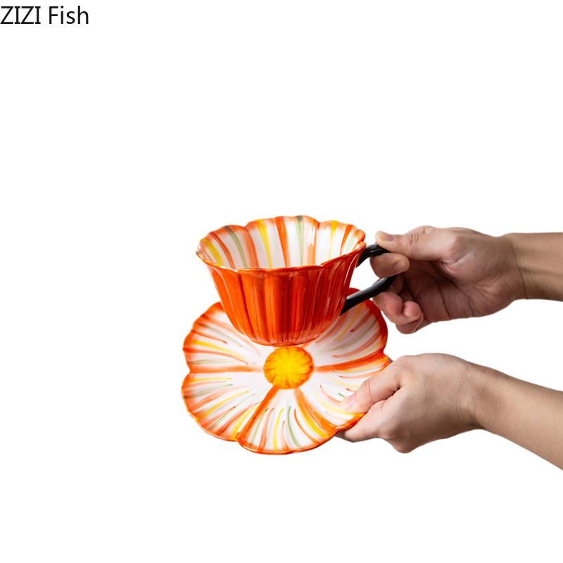 Flower Edge Ceramic Cup&saucer Painted Flower Shape Cups Dining Table Coffee Mug Afternoon Tea Teacup Fruit Juice Container