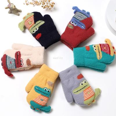 Cute Cartoon Crocodile Baby Gloves Winter Knitted Wool Infants Mittens Thicke Warm Full Rope Gloves for Boys Girls Toddlers 2-5Y