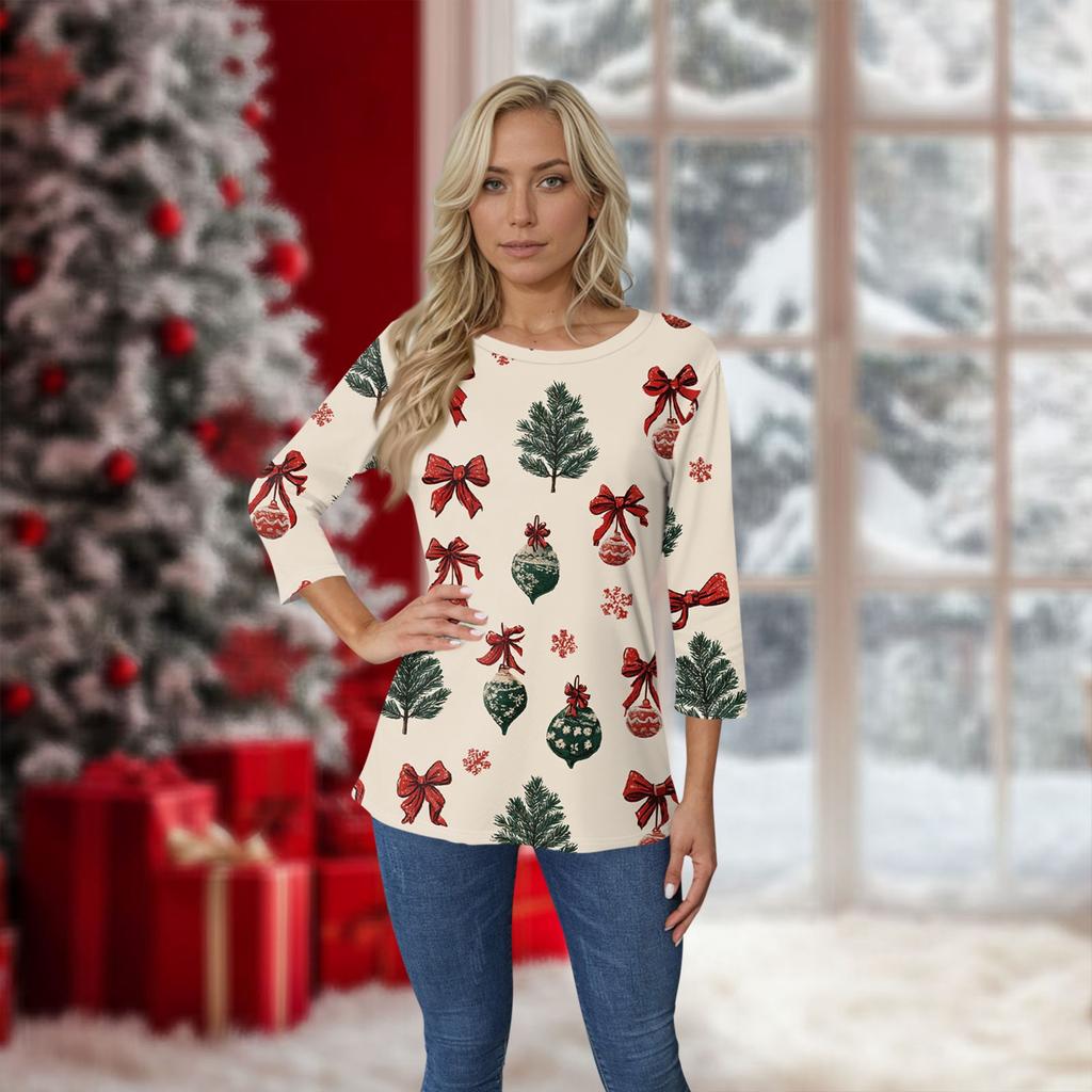 Dámský vánoční potisk s 3/4 rukávem do O-neck
