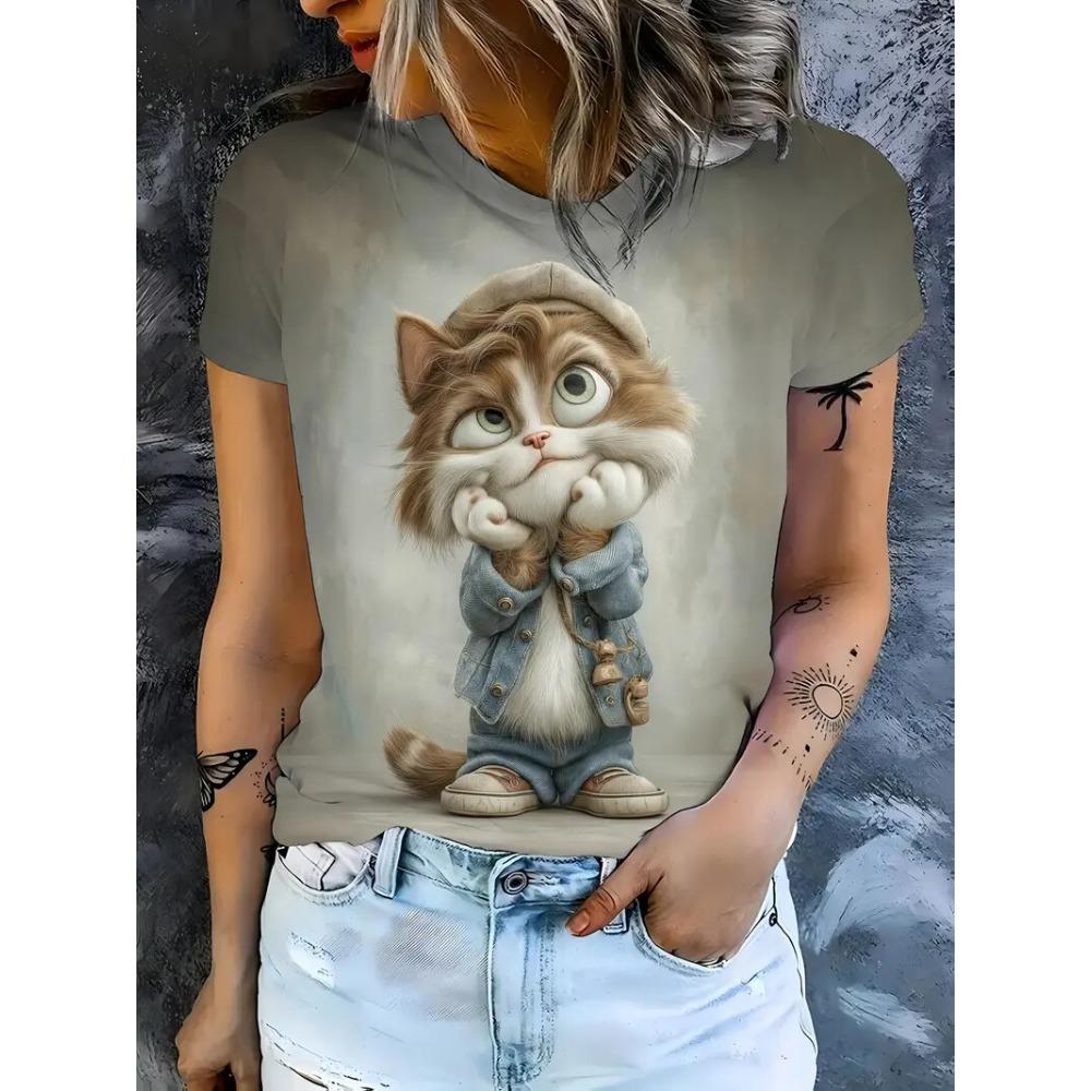 Women's T-shirt Funny Animal Lion 3D Print Summer Crew Neck Short Sleeve Outdoor Casual T Shirts Female Women Clothing Pullover