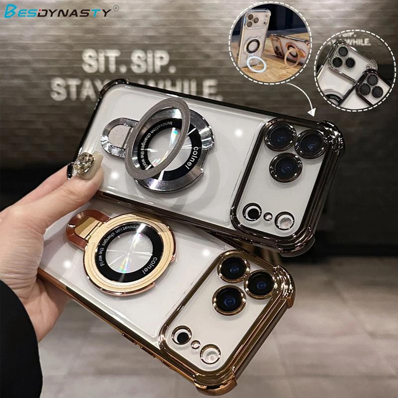 Luxusní pozlacený stojánek Magnetické pouzdro Pro iPhone 17 Air 16 15 14 13 12 11 Pro Max Fólie na objektiv Průhledný držák Průhledný zadní kryt