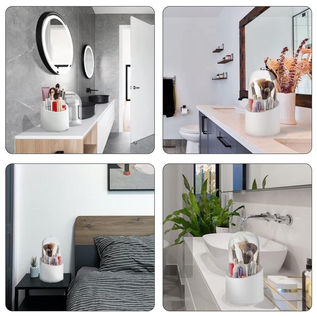 Rotating Makeup Brush Holder Organizer with Lid Makeup Brush  Cosmetics Storage Container  for Vanity Desktop Bathroom