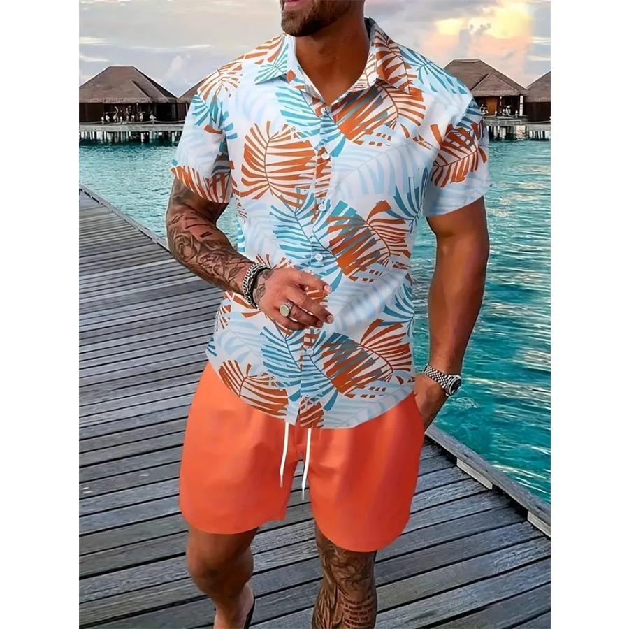 Hawaiian Men's Shirt Set 3D Printed Short-Sleeve Shirt Set Summer Beach Collared Two-Piece Shirt