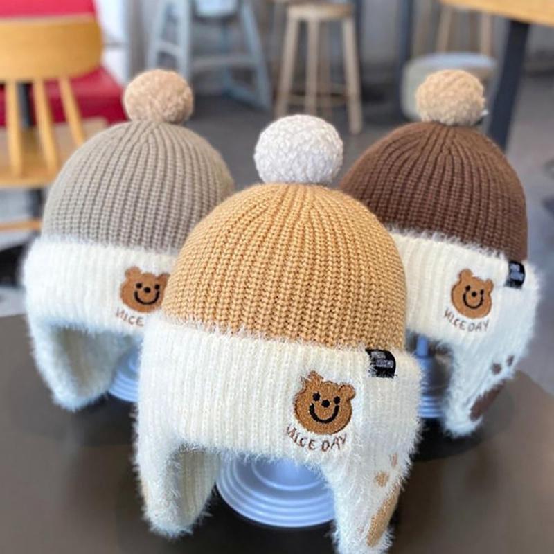 Baby Wool Hat Cute Bear Ear Protection Hat Children Winter Thickened Warm Knitted Korean Version Of The Baby Hat