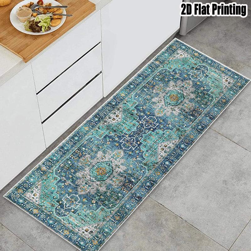 Blue Green Distressed Floral Vintage Art Runner Rug for Kitchen Durable Boho Print Carpet Floor Mat Accent