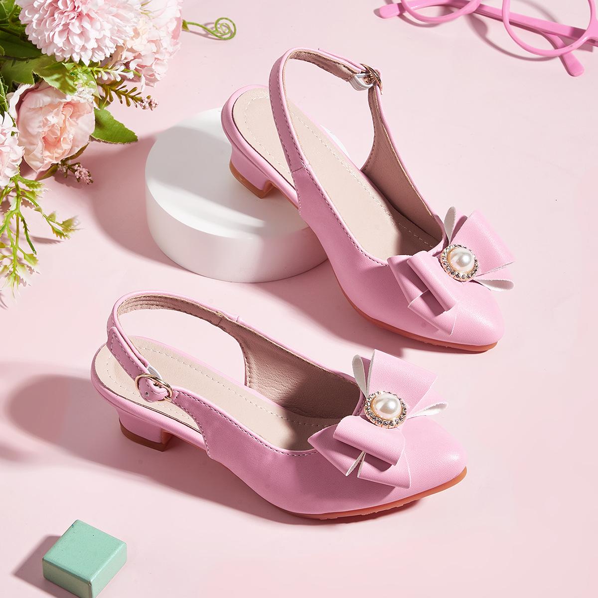 Girls  2026 Patent Leather Pointed Toe Flats with Bow and Pearl Chunky Heels 36