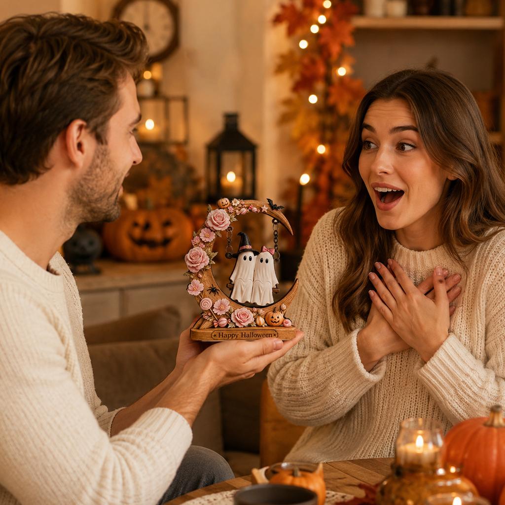 2D Wooden Halloween Decoration - Moon Tree Swing Pumpkin Set with Roses and Cute Couple for Home Décor