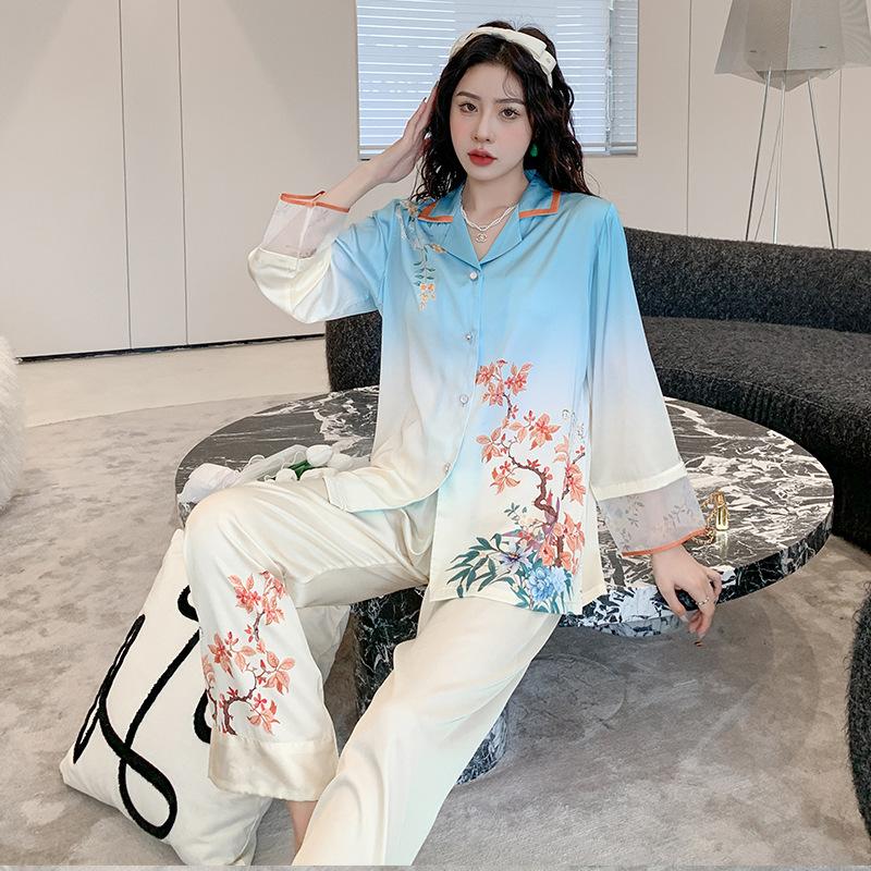 

Пижамный комплект с градиентными цветами, рубашка и брюки с принтом в китайском стиле, пижама из двух частей, сексуальные кружевные манжеты, домашняя одежда XL