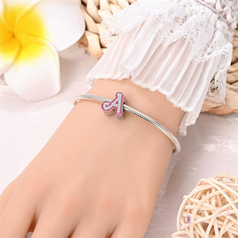 New In Copper Color Zircon Collection Pink 26 Letters Bead Charms Compatible With Pand 3mm Bracelets Do It Yourself Charm Pendant Woman Jewellery