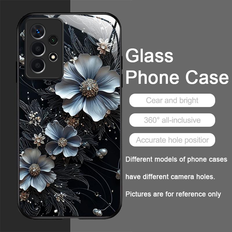 Vintage Floral Stylish Lotus Flower Pattern Tempered Glass Phone Case for Samsung Galaxy A56 A55 A54 A53 A52 A36 A14 A15 Covers