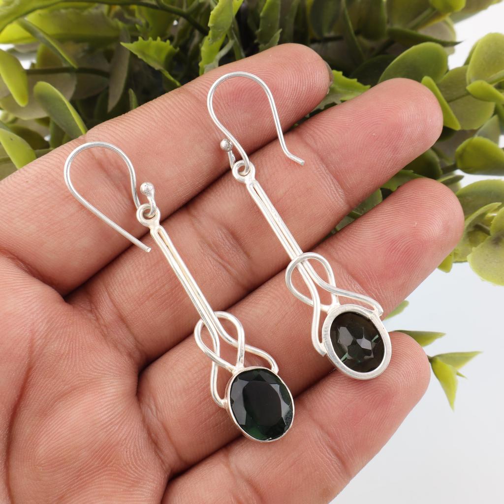 Boucles d'oreilles en Tourmaline Verte Fait Main, Boucles d'oreilles en Argent Sterling Massif 925 Bijoux Antiques, Pendentif pour Cadeau de Fiançailles