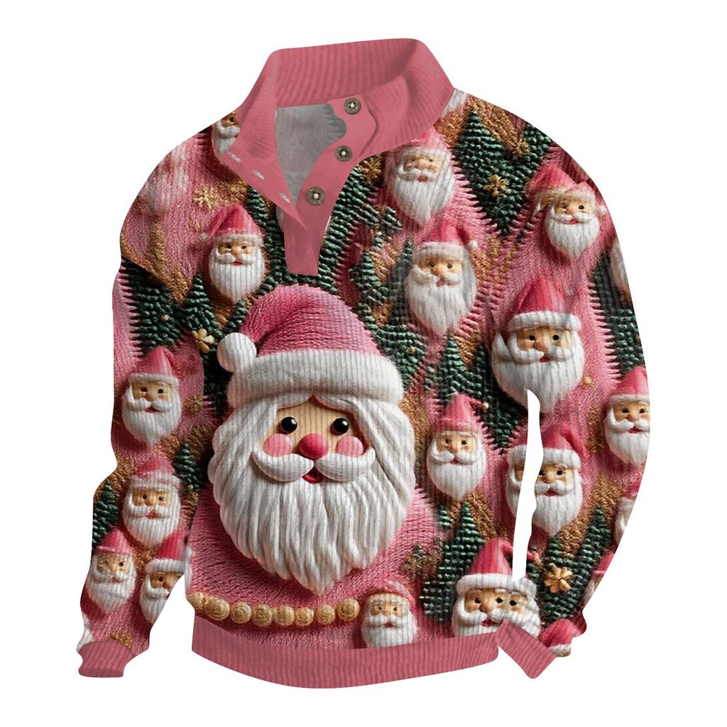 Men's Christmas Cotton Pullover Long Sleeve Outdoor Shirt Vintage Corduroy Button Stand Collar Shirt Casual Sweatshirt Christmas Print Top