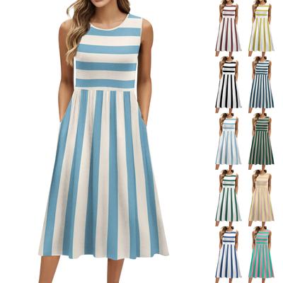 Modisches, bedrucktes, ärmelloses, lässiges Pullover-Kleid mit Rundhalsausschnitt und Tasche für Damen in mittlerer Länge