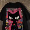 2026 New Street Art American Retro Dark Cat Print Plus Size Mens and Womens Cotton Short Sleeve Loose Crew Neck TShirts