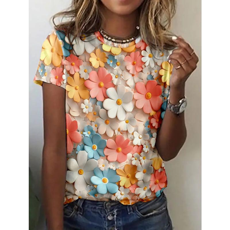Women s short sleeved T-shirt with 3D floral print for summer 2XS