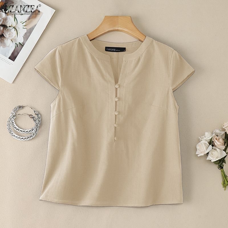 ZANZEA Women Casual V-Neck Solid Color Short Sleeve Cotton Blouse