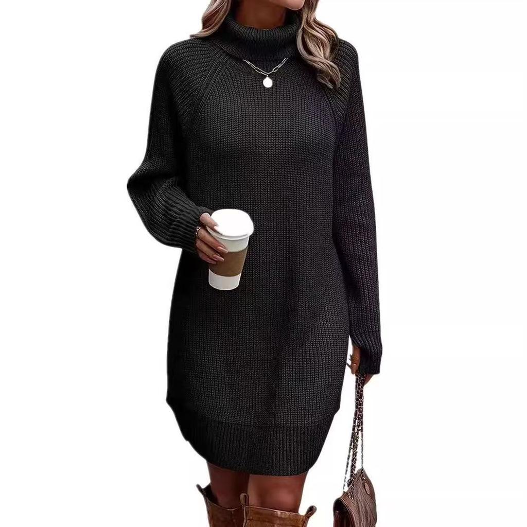 Women's High Neck Button Detail Knit Sweater Dress Loose Sleeve Mini Dress Multi Colors