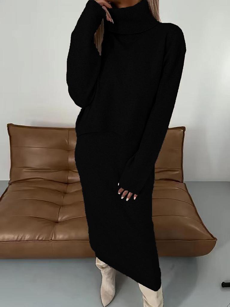 High Neck Long Knit Sweater Dress Two-Piece Set for Autumn/Winter