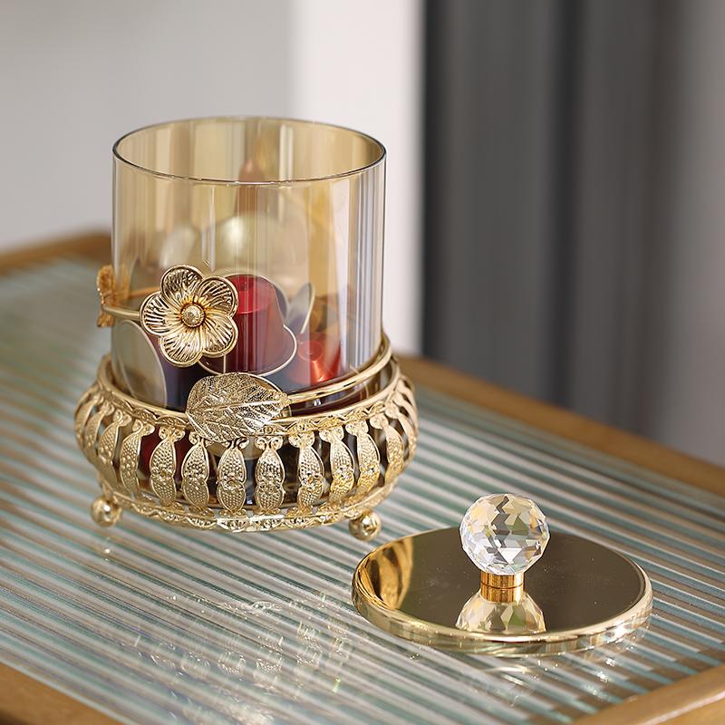 European Glass Candy Jar Gold Cutout Jewelry Cosmetic Storage Box Household Nut Fruit Jewelry Storage Box Gold Flower Decoration