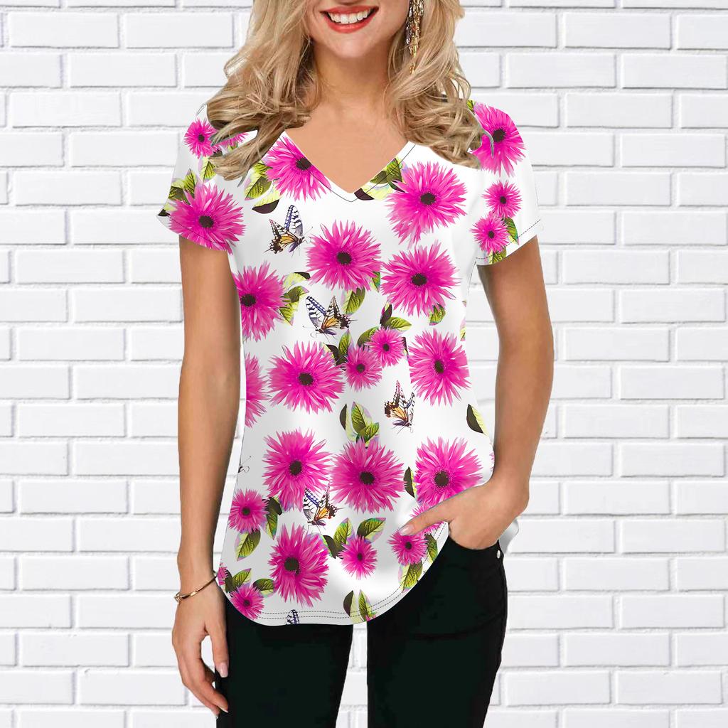 Women's V-Neck Short Sleeve Sunflower Chrysanthemum Printed Tops Loose T-Shirt Casual Blouse