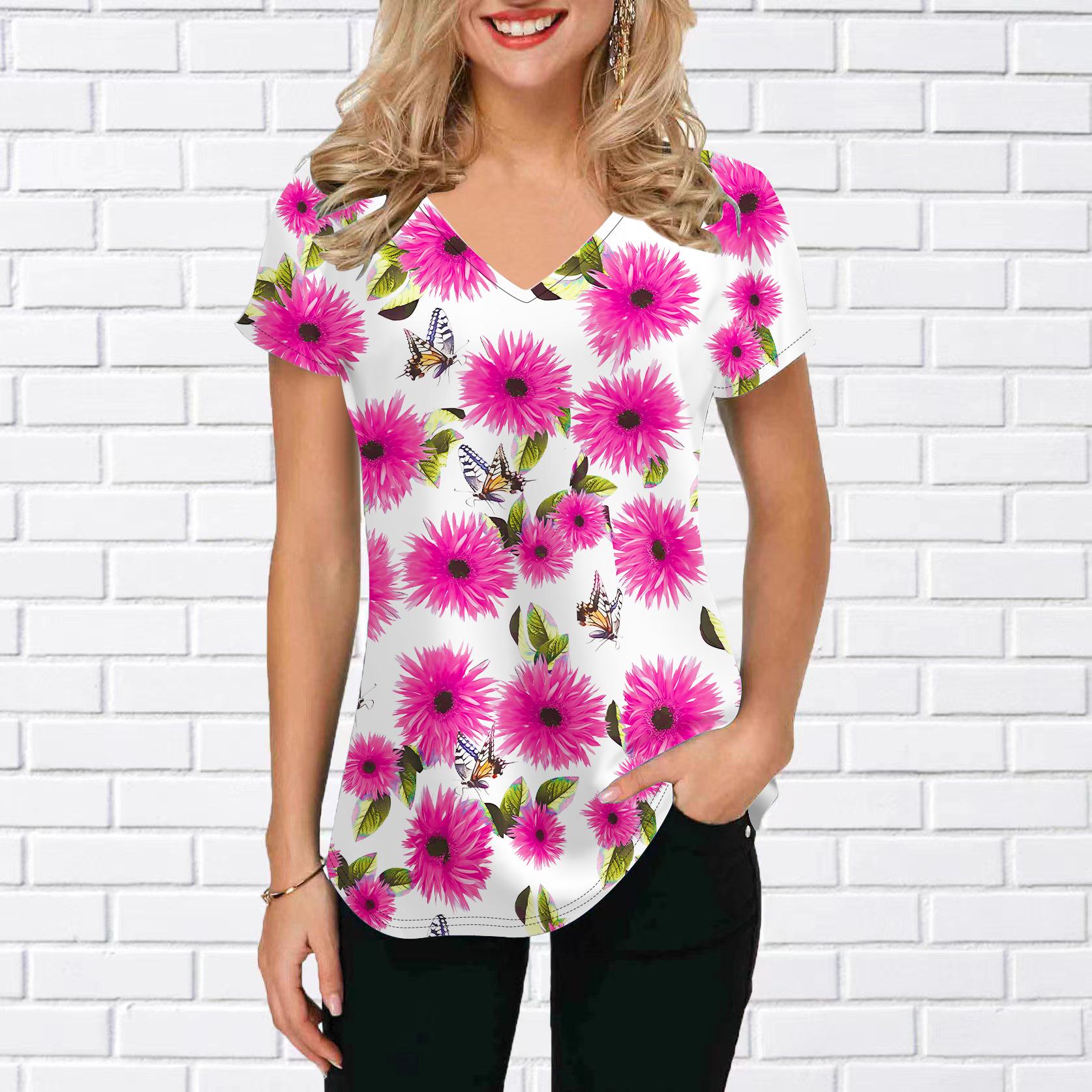 Женские топы с v-образным вырезом и коротким рукавом с принтом подсолнечника и хризантемы