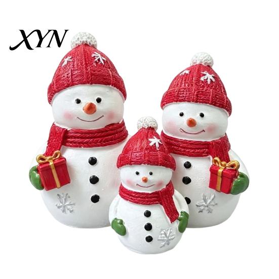 Resin Snowman Decoration Christmas Figurine, Cute Family of 3 Statue with Santa Mini Figurine Hat, Red Scarf, Holiday Tabletop Ornament for
