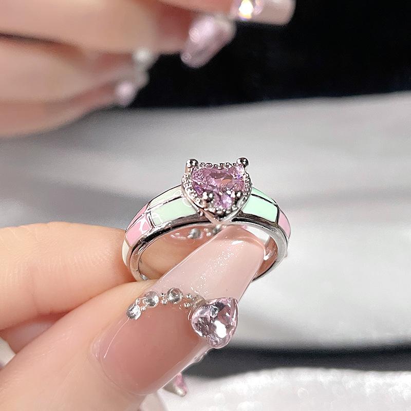 Kusa Peach Heart Ring Chessboard Niche Design Sense Color Enamel Drip Open Ring Jewelry