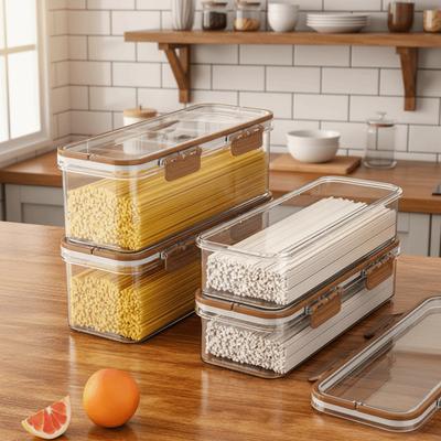 Transparenter, rechteckiger Nudelbehälter aus Kunststoff mit großem Fassungsvermögen – ideal für Spaghetti und Pasta.