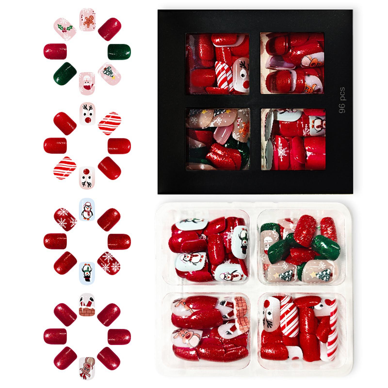 96Pieces Glitterys Artificial Nail Red Green Sparkles Winter Snowflake Theme Party Wear 1