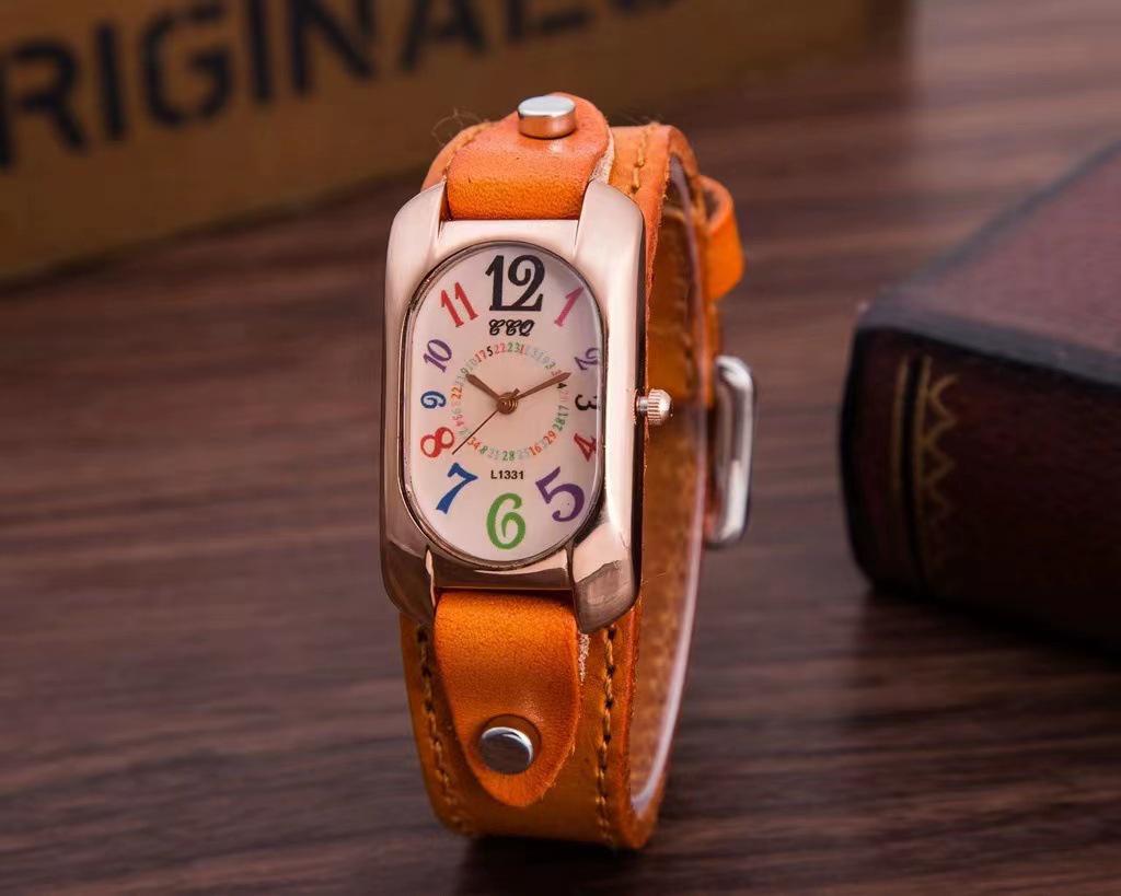 Trendy Men's Leather Belt Watch & Women's Colorful Numbers Quartz Wristwatch