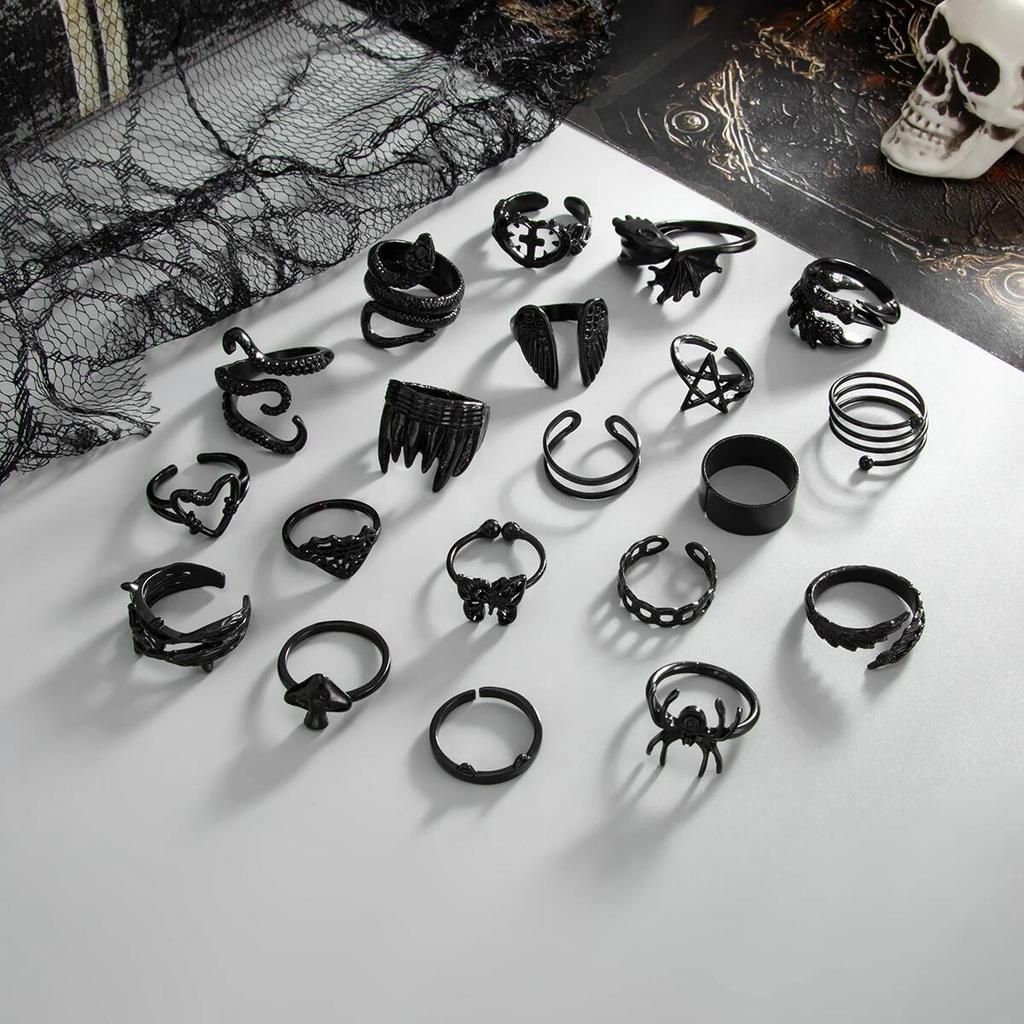 Ingemark 20 Pcs/Set Gothic Black Spider Butterfly Snake Shape Open Rings Women Trend Creative Star Heart Rings Halloween Jewelry