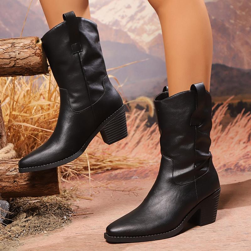 Fashion 2025 Black Thick Heel Western Boots Women Plus Size 36-43 Pointed Toe Ankle Boots Woman Autumn Winter Slip On Cowboy Botas Mujer