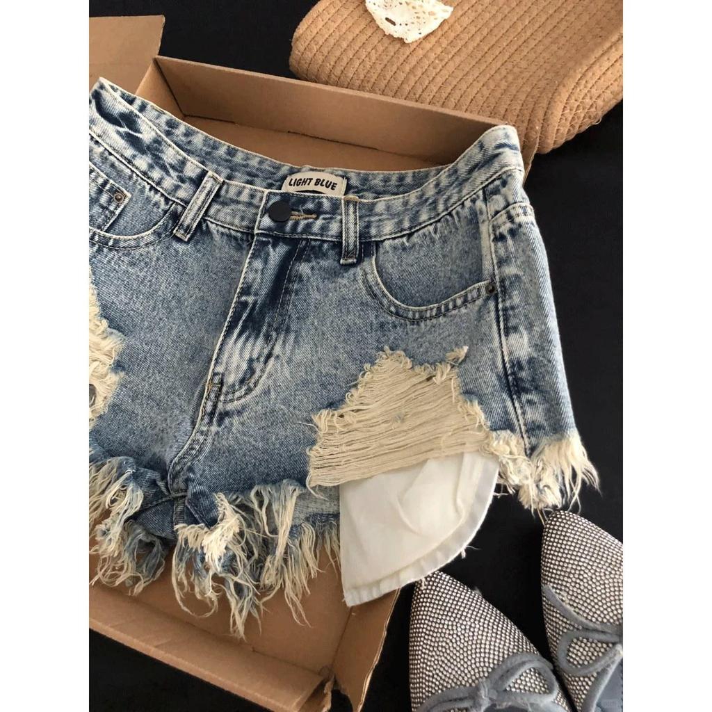 High Waist Ripped Denim Tassel Shorts - European & American Style
