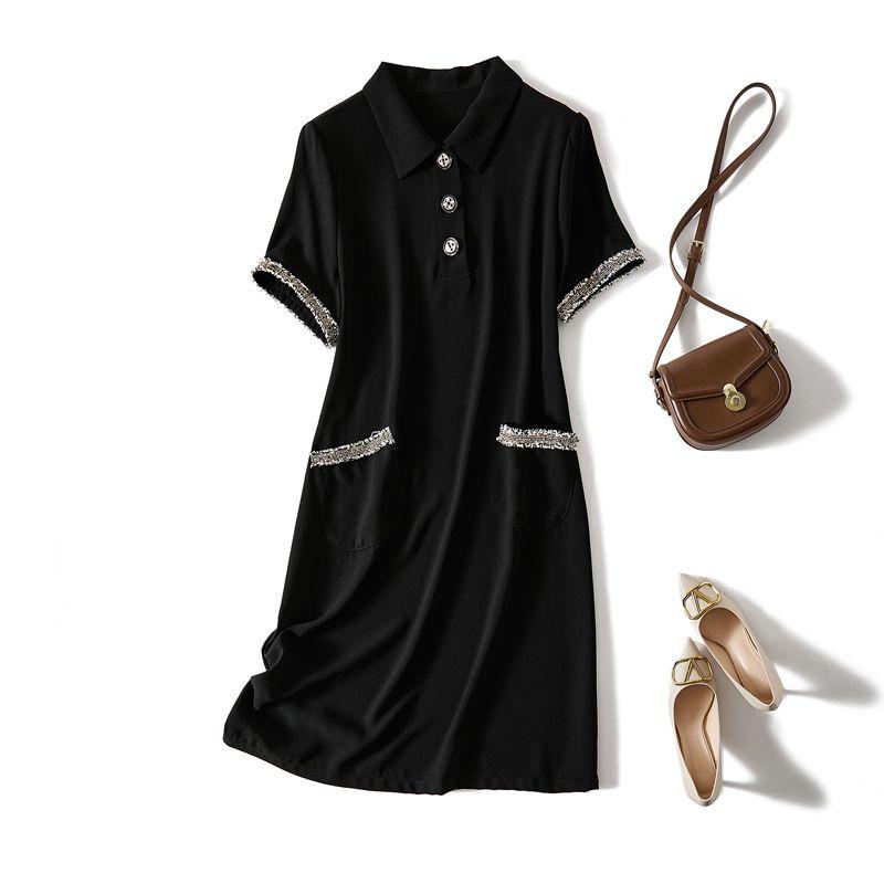 

Hepburn Simple and Stylish Slimming Black Dress! Closed Eyes Woven Cotton Small Lapel Raw Edge Short sleeve Pocket Dress Summer Black 4XL