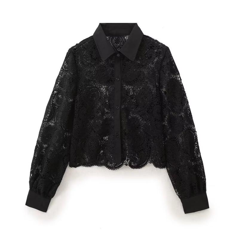 European & American Retro Crochet Knit Hollow Long Sleeve Women's Shirt