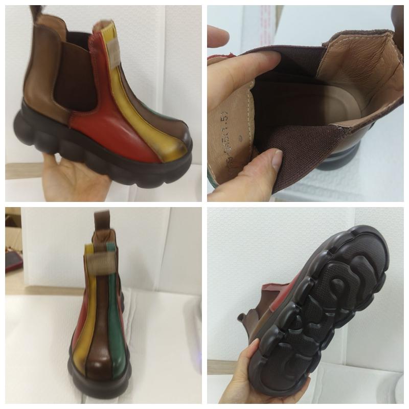7cm Women Boots Genuine Leather Wedge Spring Mixed Color Chimney Fashion Ankle Elastic Platform Moccasins Autumn Shoes