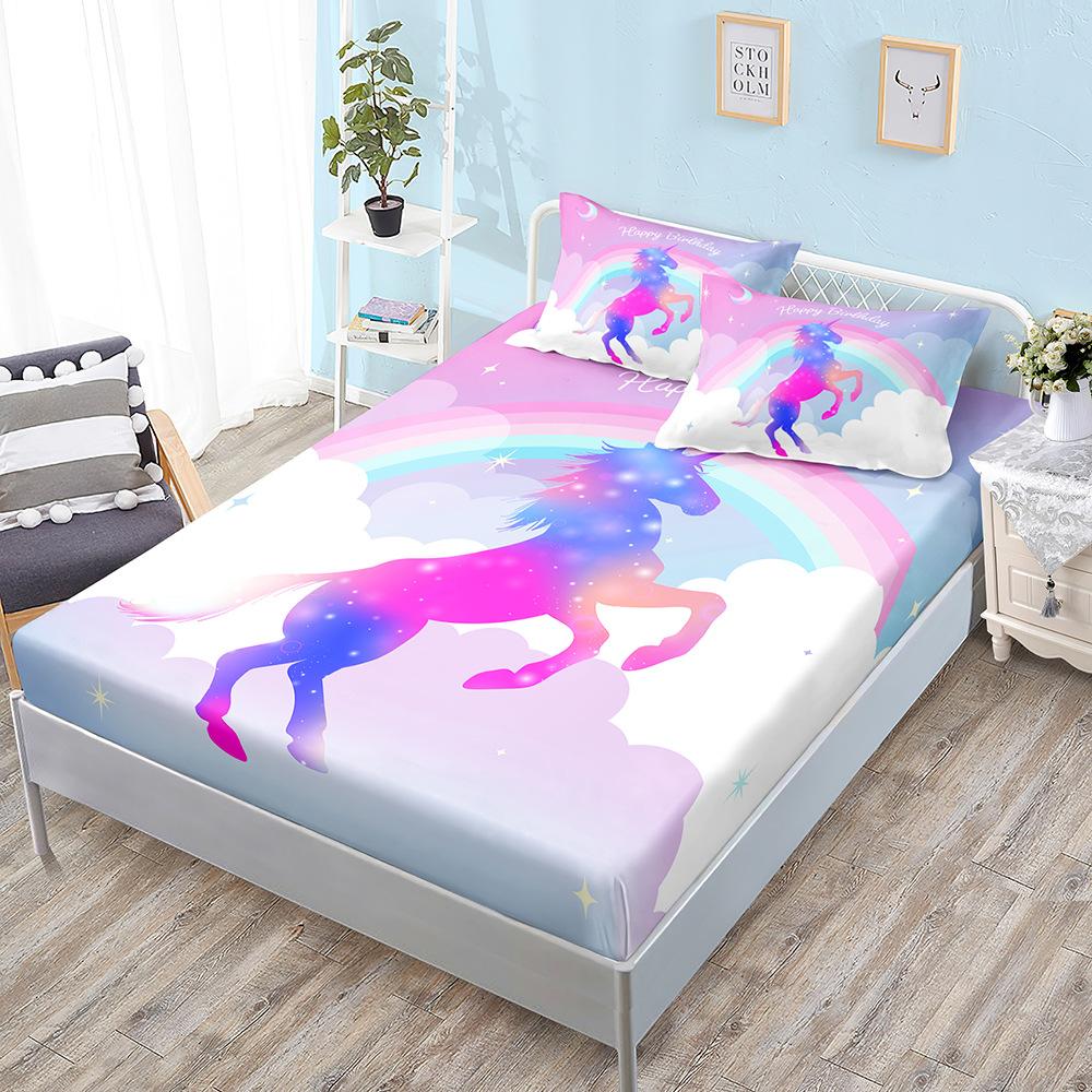 Cute Unicorn Mattress Three-Piece Set, Bedspread, Pillowcase, Mattress Protective Cover, Dust-Proof And Non-Slip.