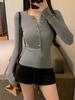 American Spicy Girl V-Neck Button-Up Long Sleeve Slimming T-Shirt for Women - Solid Color, Inner Layer, High-End Feel, Autumn/Winter.