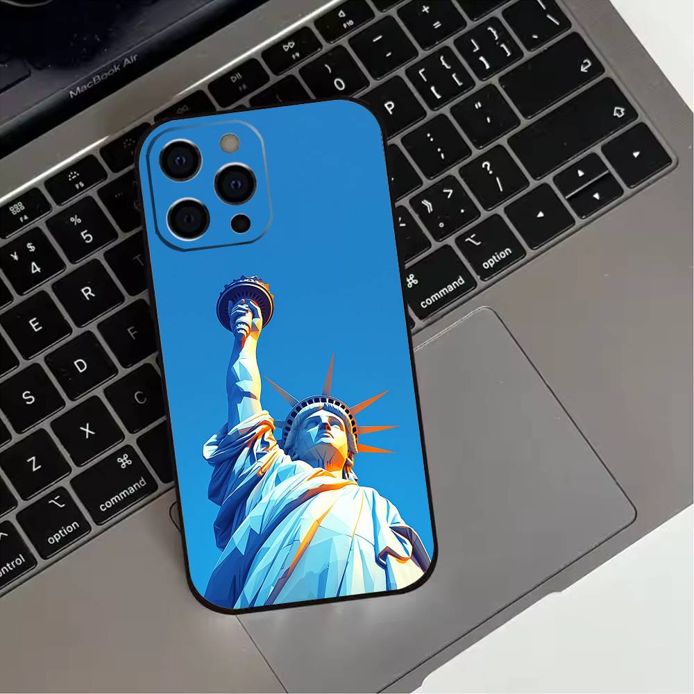 America USA Flag S-Statue Liberty  Phone Case For iPhone 17,16,15,14,13,12,11 Plus,Pro Max,XS,Soft Silicone Black Cover
