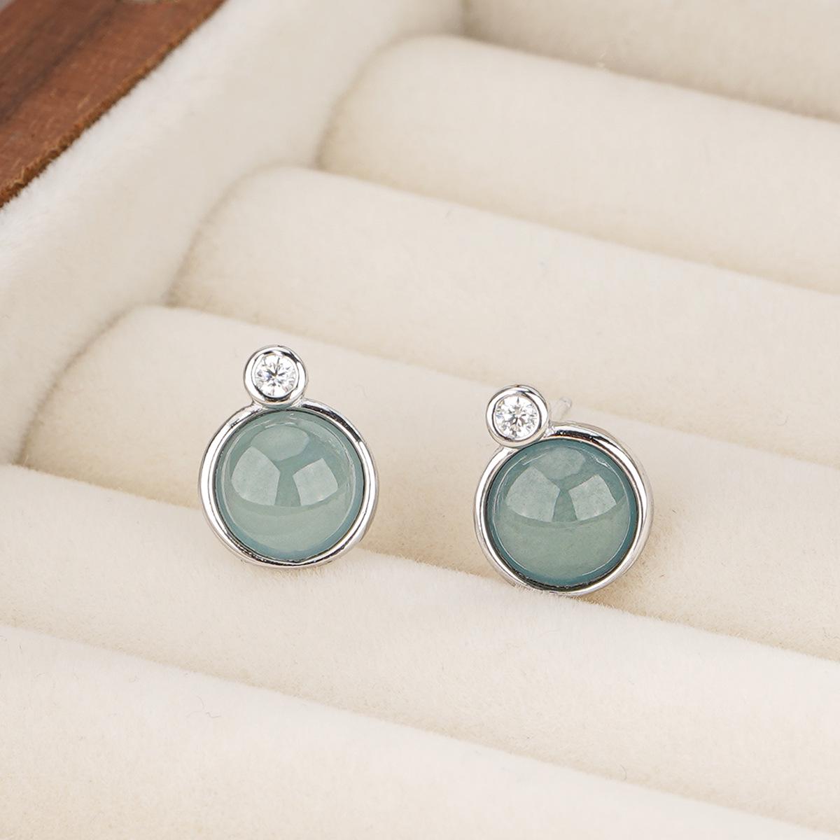 Tichiya Real Shot Blue Water Jade Round Earrings for Women, S925 Sterling Silver, Elegant Chinese Design. 925 Silver