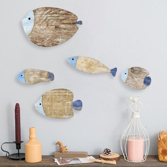 5Pcs/Set Vintage Wooden Fish Wall Decoration Nautical Coastal Ocean Theme Hanging Ornament School of Fish Beach Lake House Bathroom Wall Art