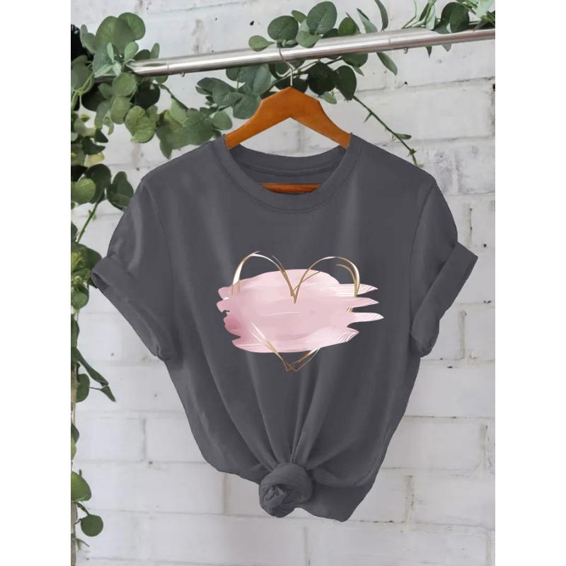 Pure Cotton Pink Heart-shaped Round-neck Loose Short-sleeved Casual Pure Cotton T-shirt