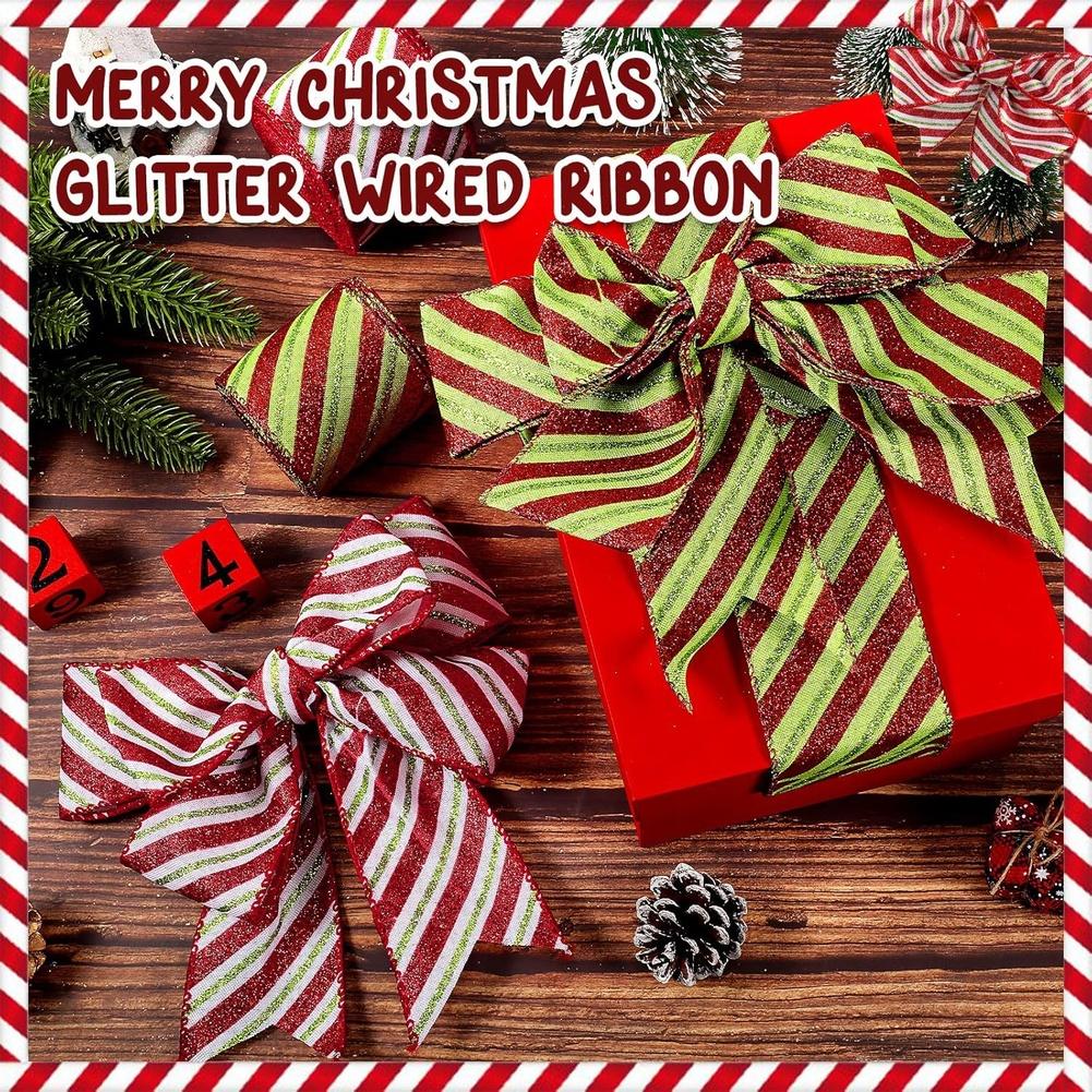 Christmas Wired Ribbon Featuring Glitter and Sequins for Use In For Present Wrapping Tree Decorations and Craft Projects