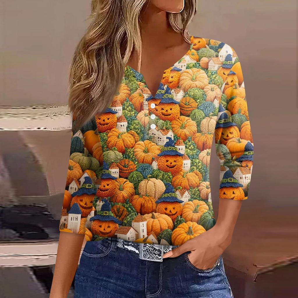 Női Póló Halloween Nyomtatás Gombos 3/4 Ujjú Napi Hétvégi Divat Alap V-nyakú Normál Felső